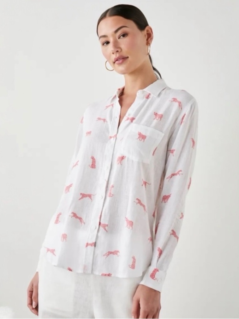 Rails Charli Linen Blend Button-Down Shirt White with Pink Leopard Print Sz M